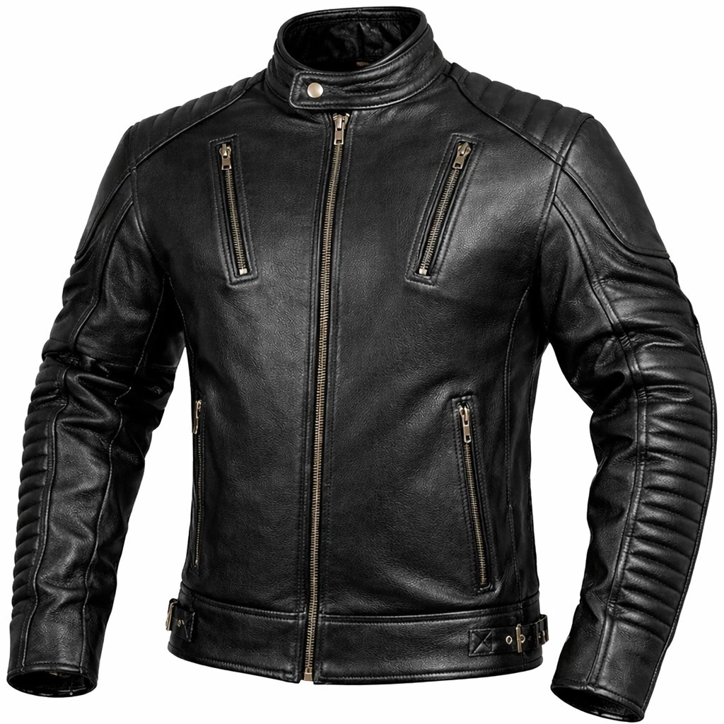 Men’s Black Leather Biker Jacket Slim Fit Motorcycle Cafe Racer Zipper Winter Co