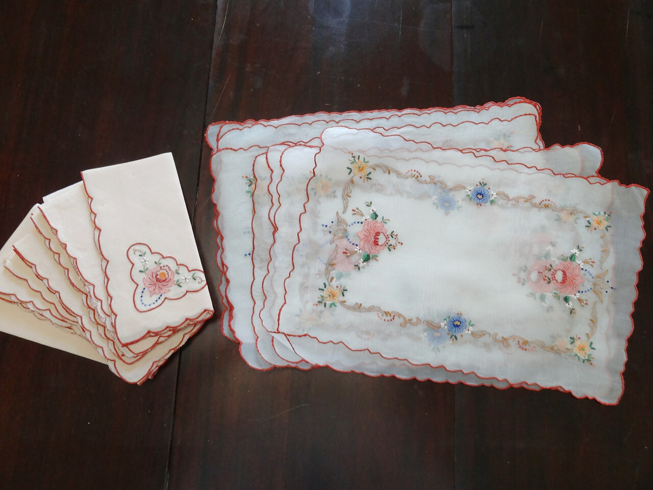 8 Vintage Place Mats Napkins Set Shadow Work Embroidery 1960's Swiss