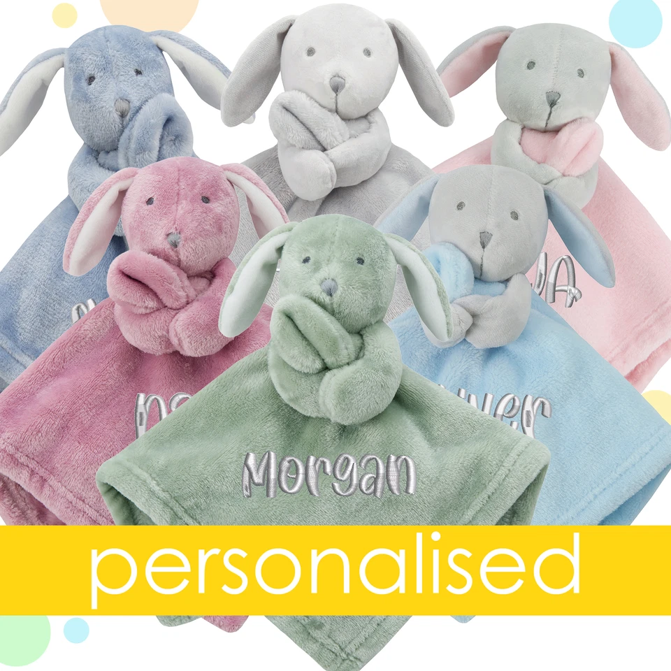 METZUYAN Personalised Baby Girls Boys Toddler Bunny Comforter Newborn Keepsake Soft Toy
