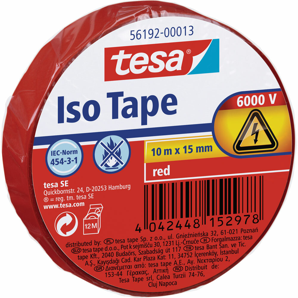 INL tesa® Nastro isolante per isolare e fasciare cavi elettrici, 10m x 15mm, ro