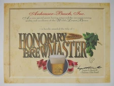 Anheuser-Busch Honorary Brewmaster Certificate +MINT w/o Recipient Name+