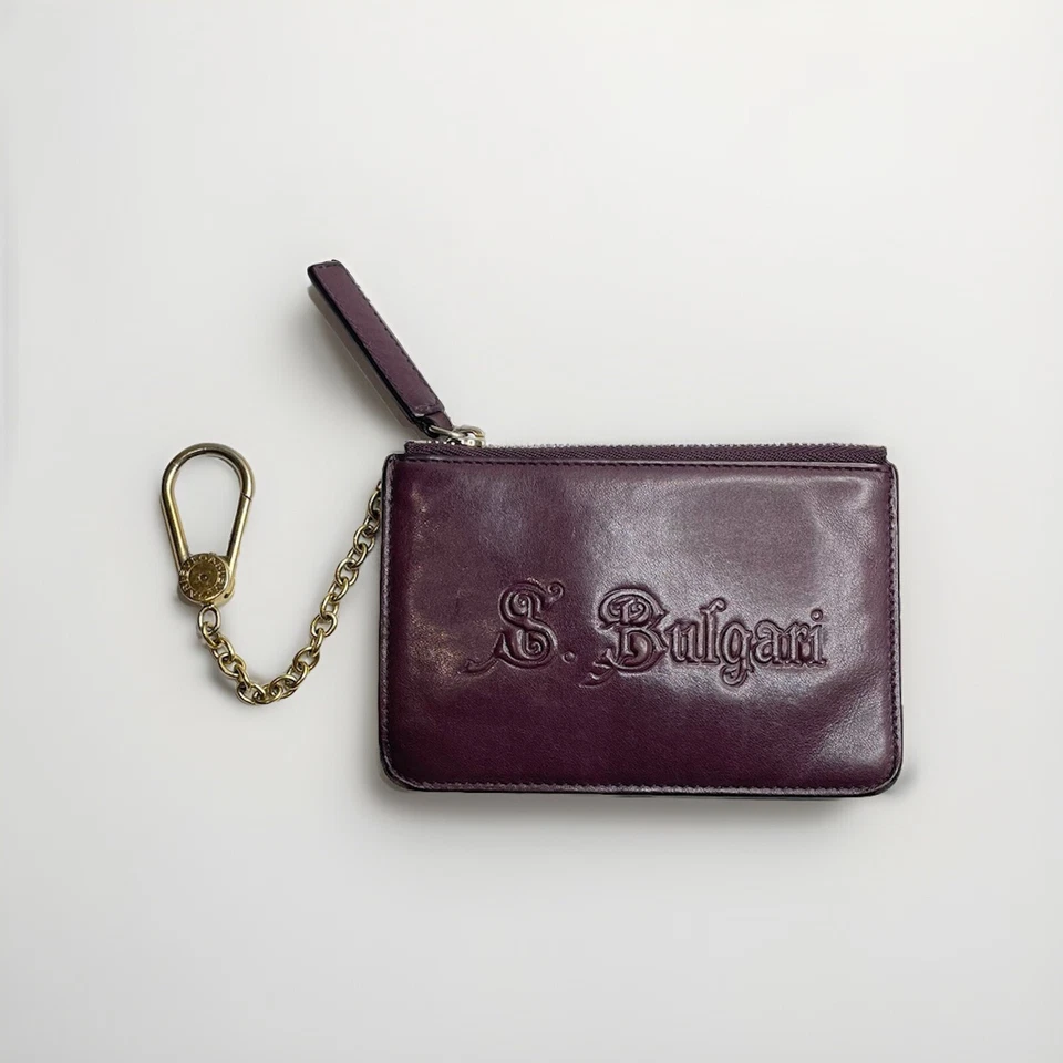 RARO BVLGARI S. Bulgari Colección Cuero Púrpura Moneda Tarjeta Llavero Clip de Cadena Foto 3 de 4