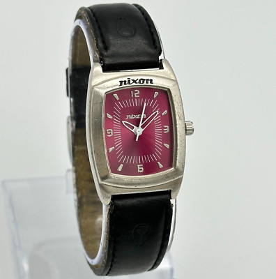 Ladies NIXON ''All Mine'' Bianca Silver Tone Watch, Red Dial, Black Leather, 26mm