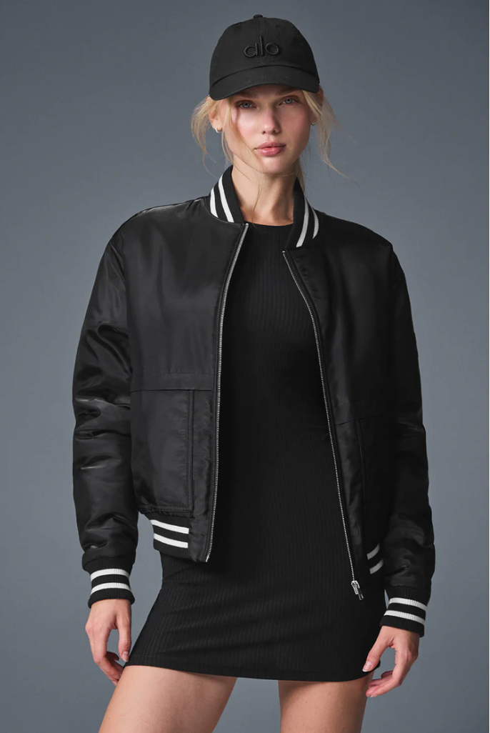 ジャケット・アウター ALO Alo Women's Afterglow Varsity Jacket Black Size S Brand New