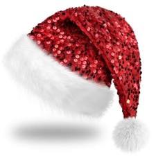 BleSky Sequin Santa Hat for Adults, Bling Christmas Red-sequin Santa Hat--1pcs