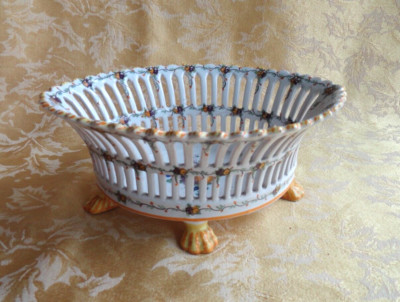 Émile Tessier Malicorne Pierced Ceramic Cradle Footed French Provincial Bowl