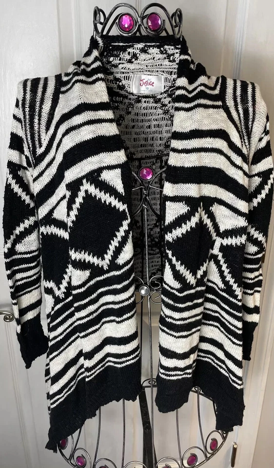 Suéter Cárdigan Justice Talla 10 Blanco y Negro Manga Larga Frente Abierto Tejido Foto 3 de 4