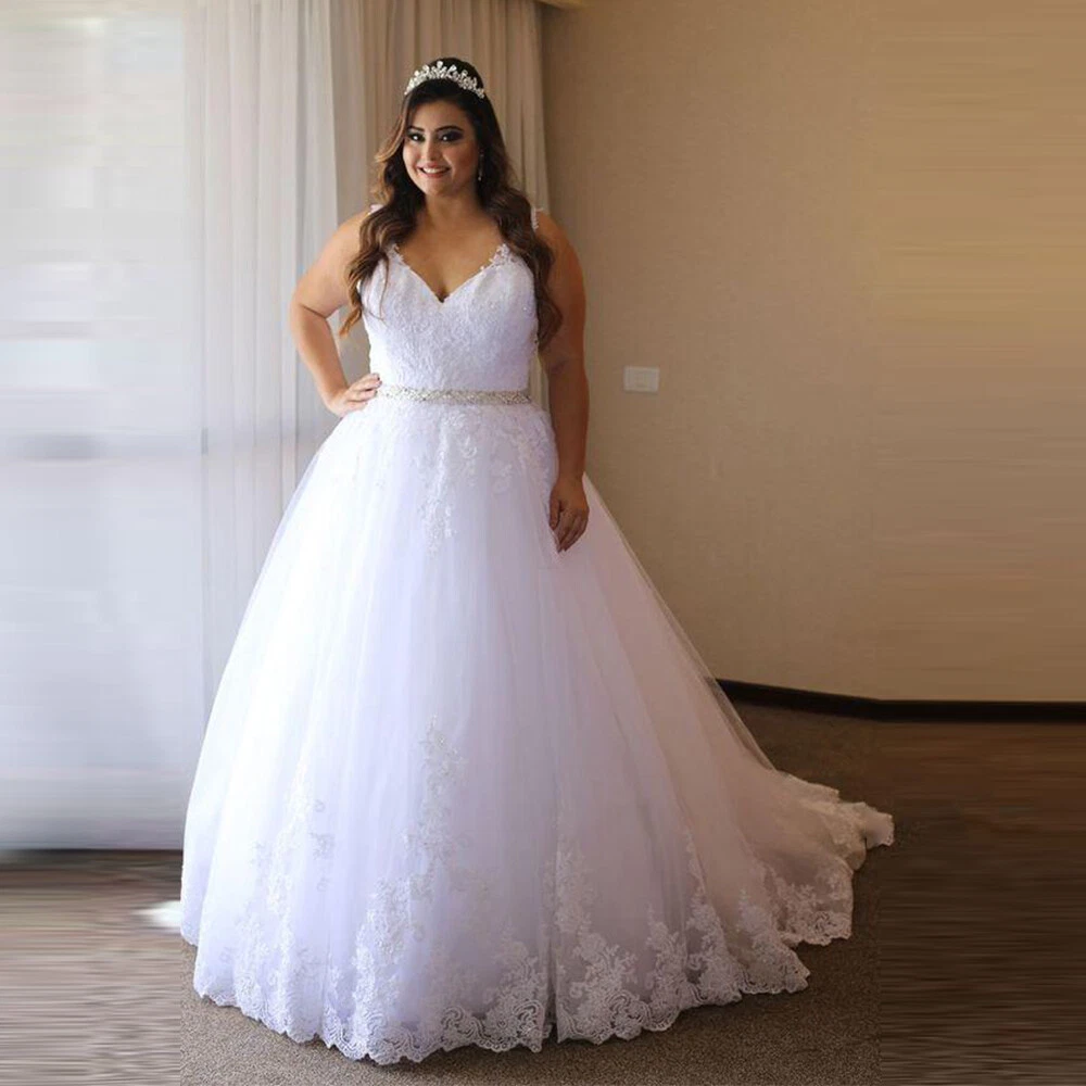Plus Size Wedding Dresses A Line Sequin V Neck Bridal Gowns White