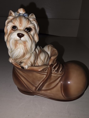 VTG Lhasa Apso / Yorkshire Terrier / Yorkie Puppy Dog in Old Shoe Figurine Japan