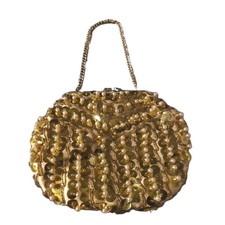 VINTAGE HANDBAG GOLDEN SEQUINED HAND MADE IN HONG KONG 5 X 4 X 2 6IN STRAP HANG