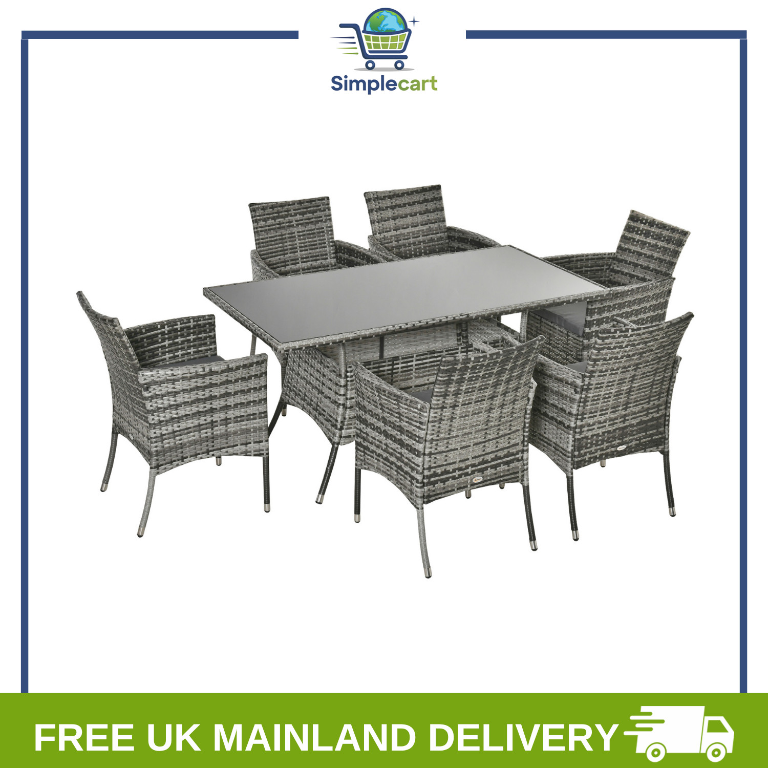 6 Seater Rattan Dining Set with Cushions Glass Top Table, Garden Furniture Set