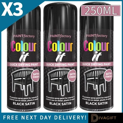 PAINT FACTORY 3 x COLOUR IT BLACK SATIN FINISH SPRAY PAINT 250ML FOR METAL WOOD PLASTIC NEW