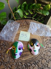 Lot of 2 Vintage Ceramic Mardi Gras Wall Masks Hand Painted 4in Carnival