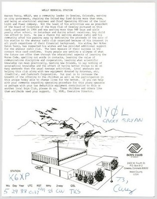 1988 Greeley CO Boys Club K6XP WØLLP NYØL QSL Card Amateur Radio