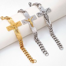 8.26"15mm Hotsale Women Men Jesus Cross Stainless Steel Chain Wristband Bracelet