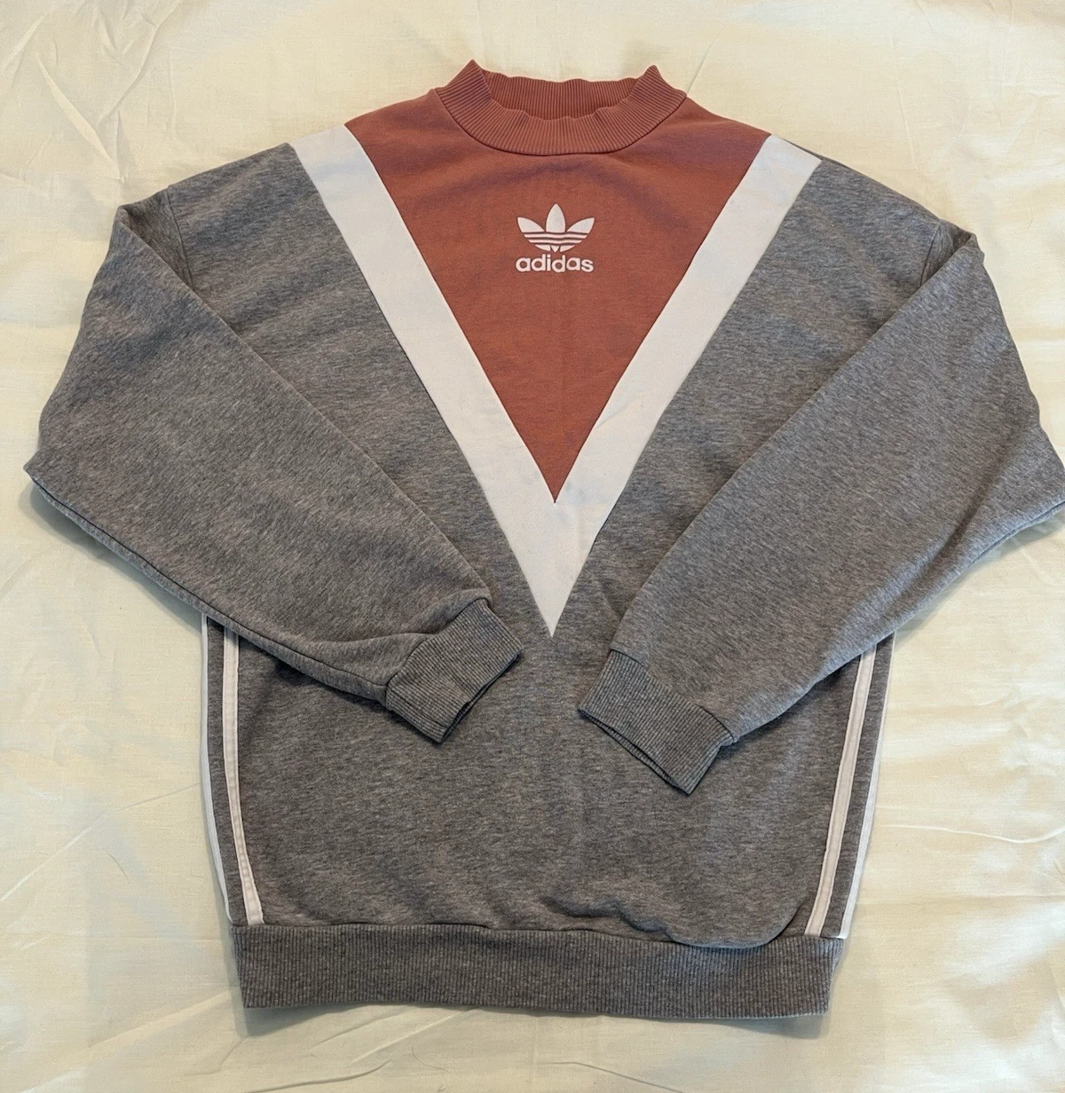 Adidas Sweatshirt Pink Grey White Trefoil Ladies Size 6 XS Stripes Jumper Hoodie