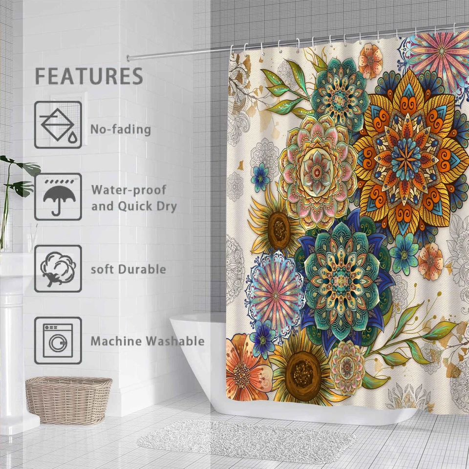 Juego de Cortinas de Ducha Estéticas Boho Abstractas Mediados de Siglo, Verde Naturaleza Hoja Sol... Foto 4 de 4