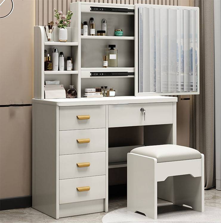 White Makeup Vanity Desk with Mirror and Lights Stool Drawers for Bedroom