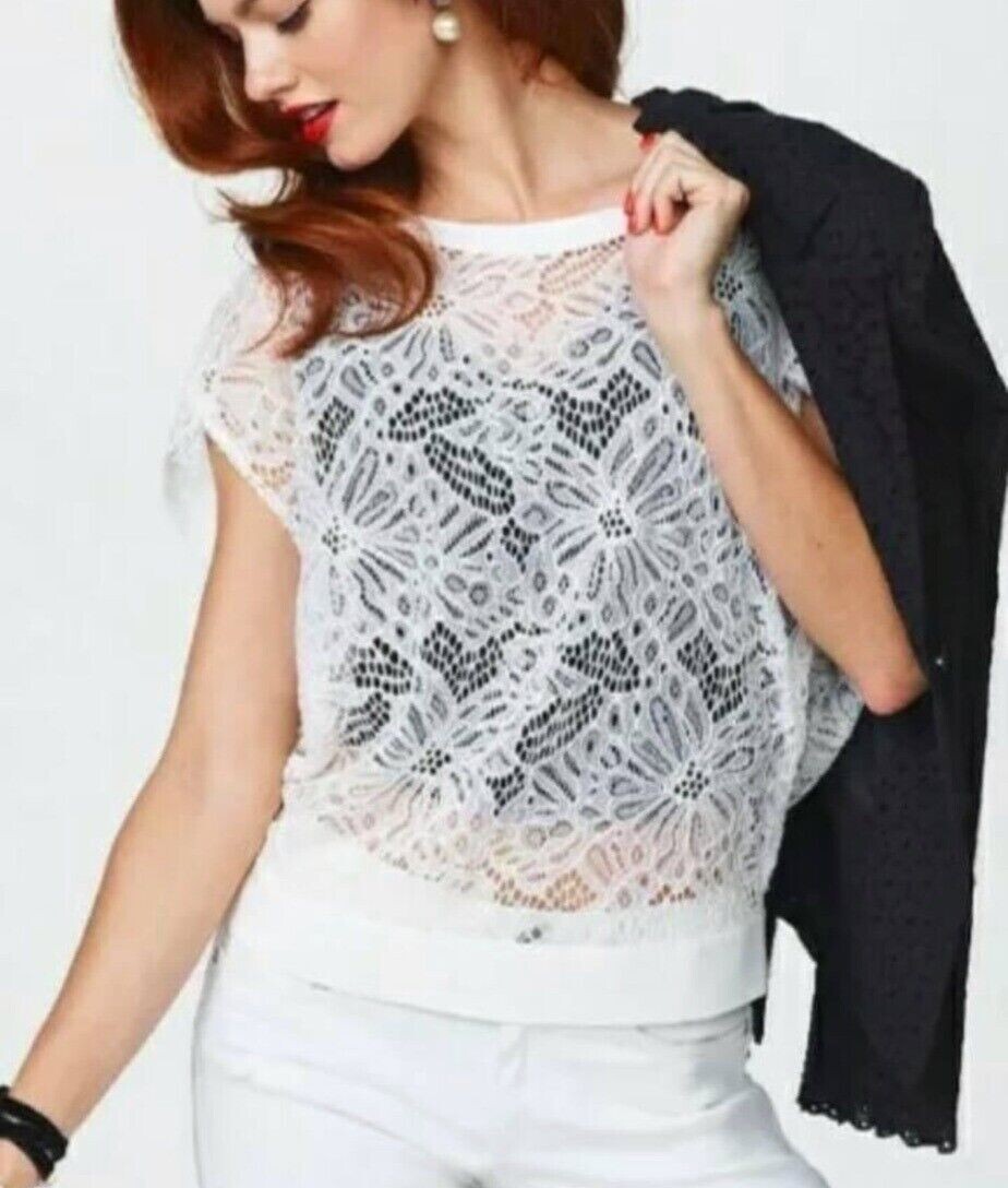 CAbi Ole Top White Floral Lace Cap Sleeves Banded Bottom Hem Size