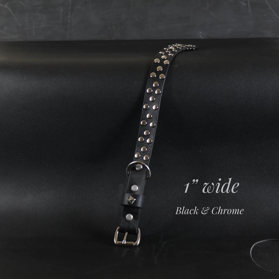 Кожаный ошейник для собаки с заклепками. Ширина 1 дюйм. Акцент люверсов. ЧЕРНЫЙ и хромированный - Изображение 4 из 4