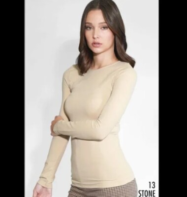 New Extra Stretchy Stone Beige Crew Neck Long Sleeve Top OS
