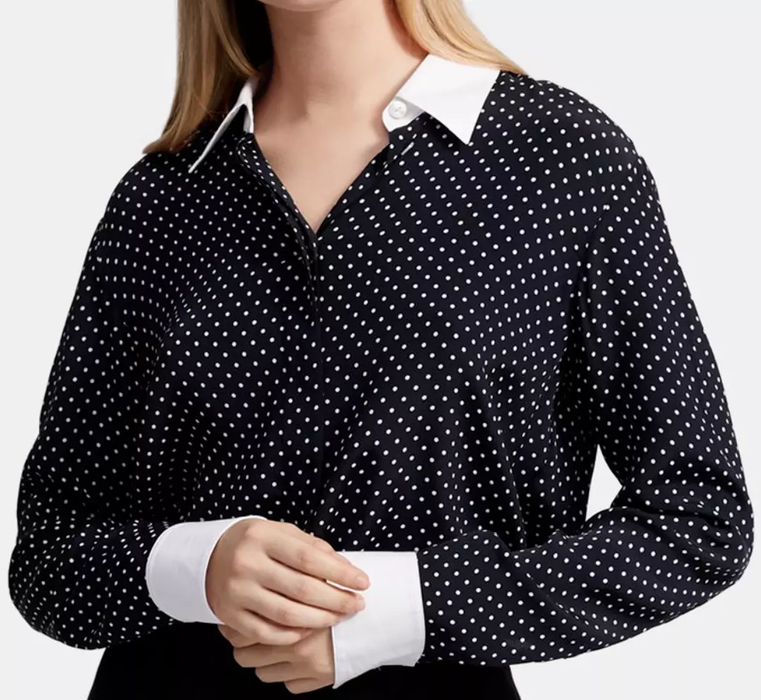 $325 NWT THEORY SzS CONTRAST STRAIGHT LONG SLEEVE POLKA DOT CREPE SHIRT BLACK