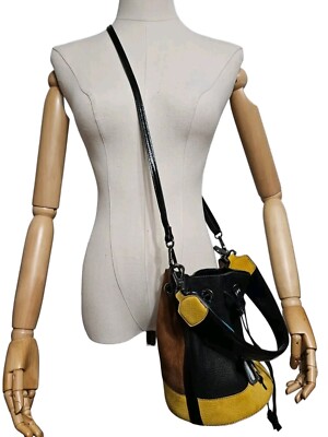 GABS Fashionabl Italian Leather Ball Bag with Shoulder Handle Black/Brown/Yellow
