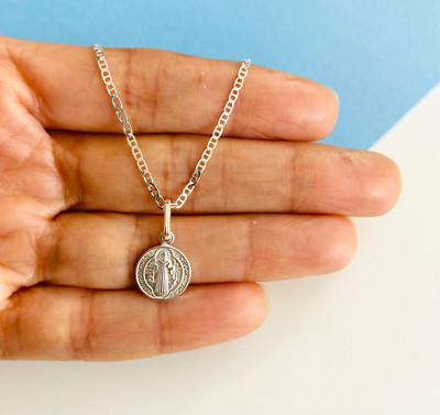 Massiver 925 Sterling Silber Heiliger Benedikt Anhänger Halskette 10 mm San Benito - P157