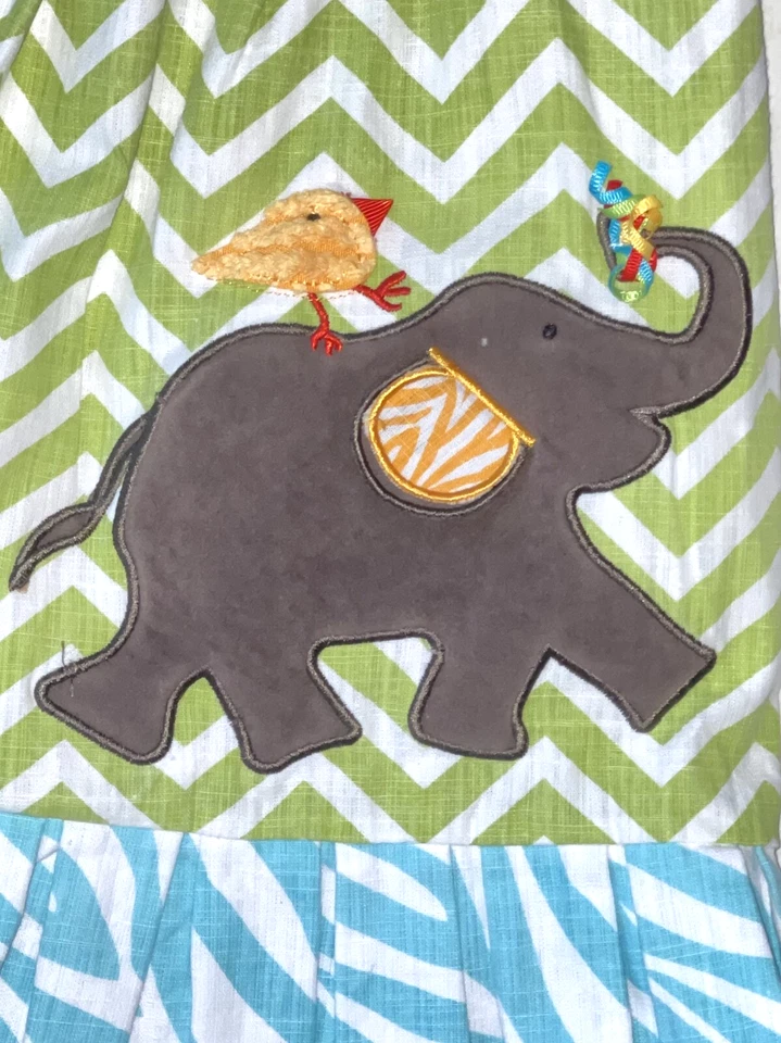 MUDPIE Safari Elephant Green White Blue Chevron Dress Girls Size 12 18 M - Image 4 of 4