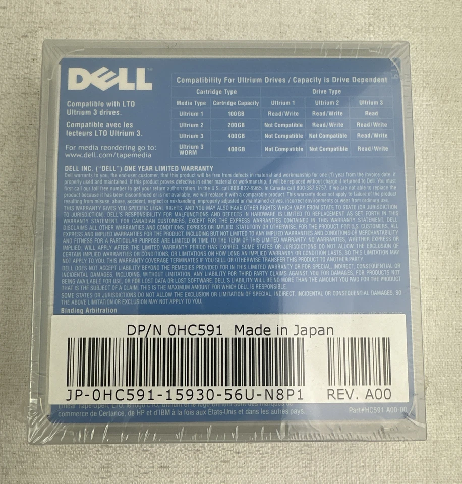 Cartucho de datos Dell LTO Ultrium 3 400 GB / 800 GB OHC591 paquete de 7 Foto 2 de 3