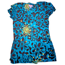 Koi Scrub V Neck Cotton Top Elastic Back 2 Pocket Teal Floral Women's S Nursing