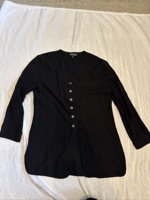 Ellen Figg Tunic Top Button Up Black Lagenlook Rayon Linen Blend Size 8