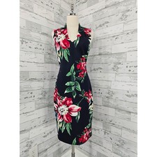 Vince Camuto Floral Sheath Dress Navy Blue Pink Sleeveless Size 6 Knee Length