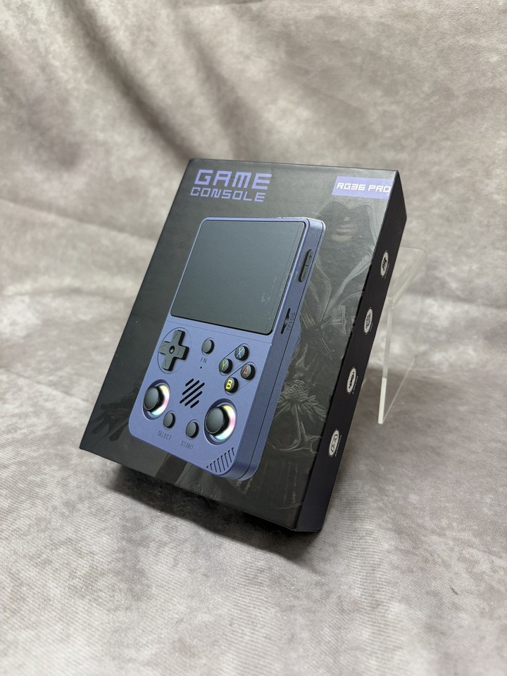 The RG36PRO is a well-regarded emulation handheld in a slick deep-purple shell — actually capable hardware, not cheap shovelware junk.