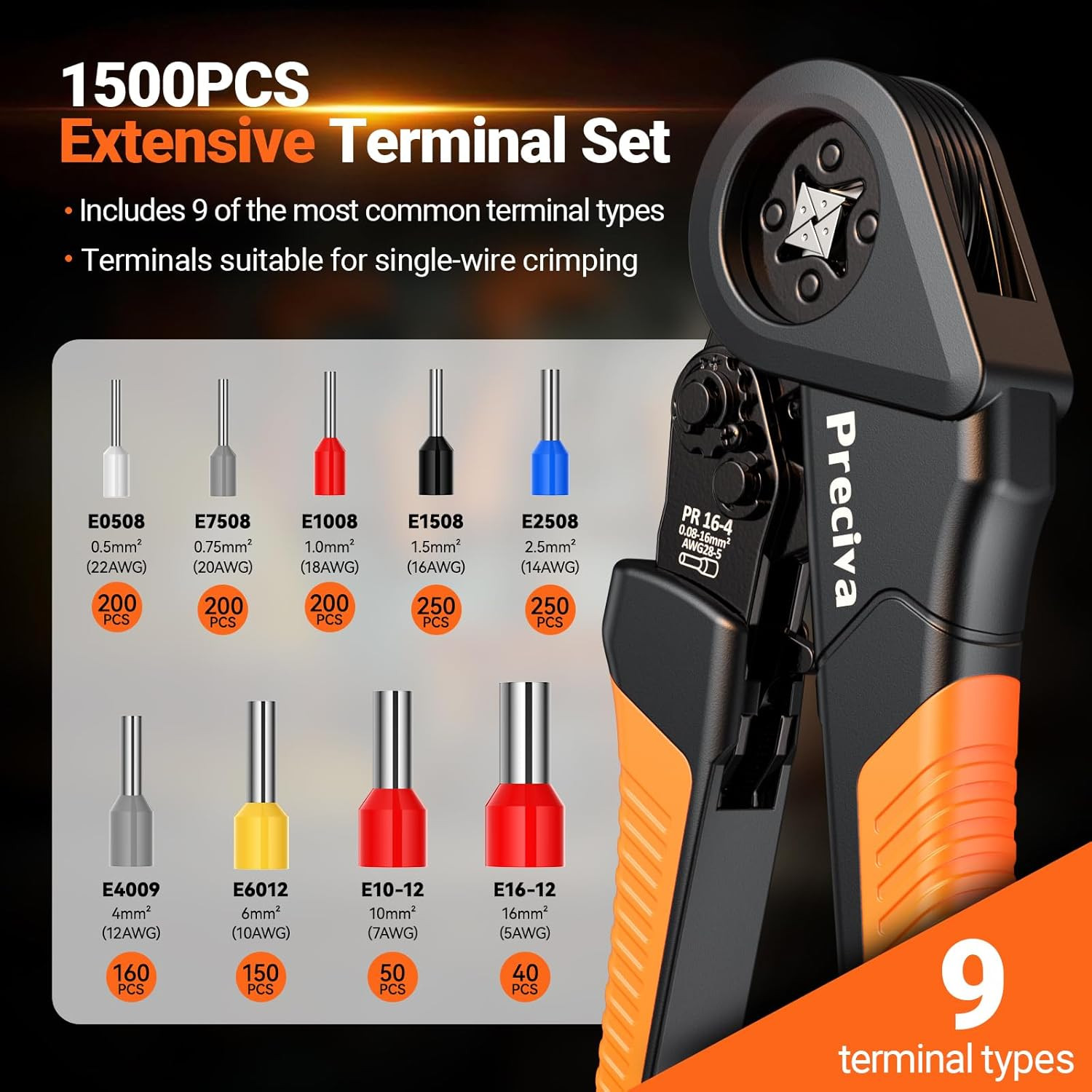 Pinza Crimpatrice Professionale 0,08-16mm² + 1500 Capicorda - Kit Completo - 4