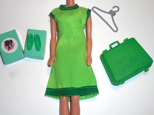 Vintage Barbie CLONE HM MOD TWO TONE GREEN DRESS PILGRIM SHOES + SUITCASE