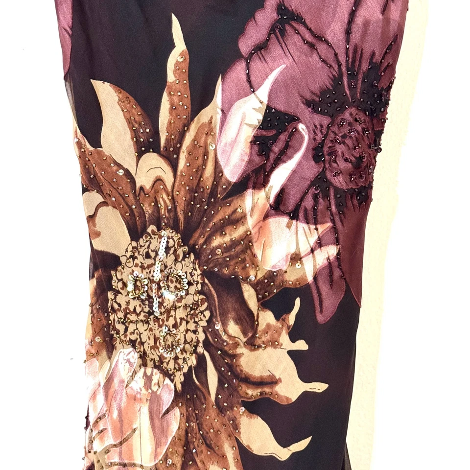 Vtg Cache Silk Beaded Floral Dress Y2K Cowl Neck Asymmetrical Handkerchief Fairy - Image 3 of 4