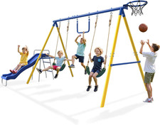 Heavy-Duty 5-In-1 Metal Swing Set for Backyard, Outdoor Playset for Kids 3-12 wi