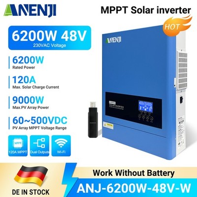 ANENJI 6200W 48V Solar Inverter Hybrid MPPT 120A PV 60-500V Dual Outputs WIFI