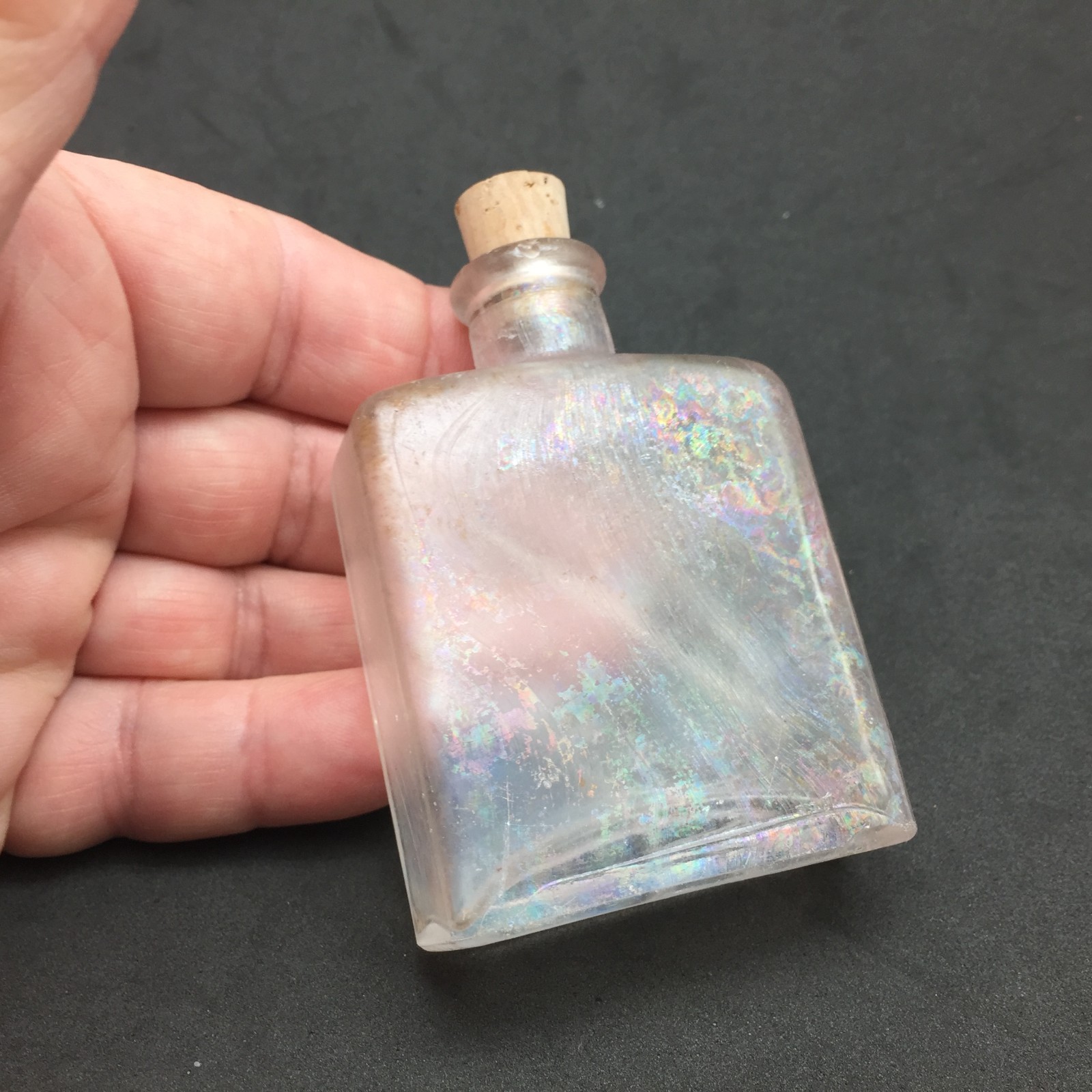 Antique Perfume Cosmetic Bottle Embossed Sun Sunbeams Rainbow Iridescence 2.75"