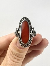 VTG Deco Sterling Silver Carnelian  Marcasite Oval Ring Size 8.5 - Gorgeous 