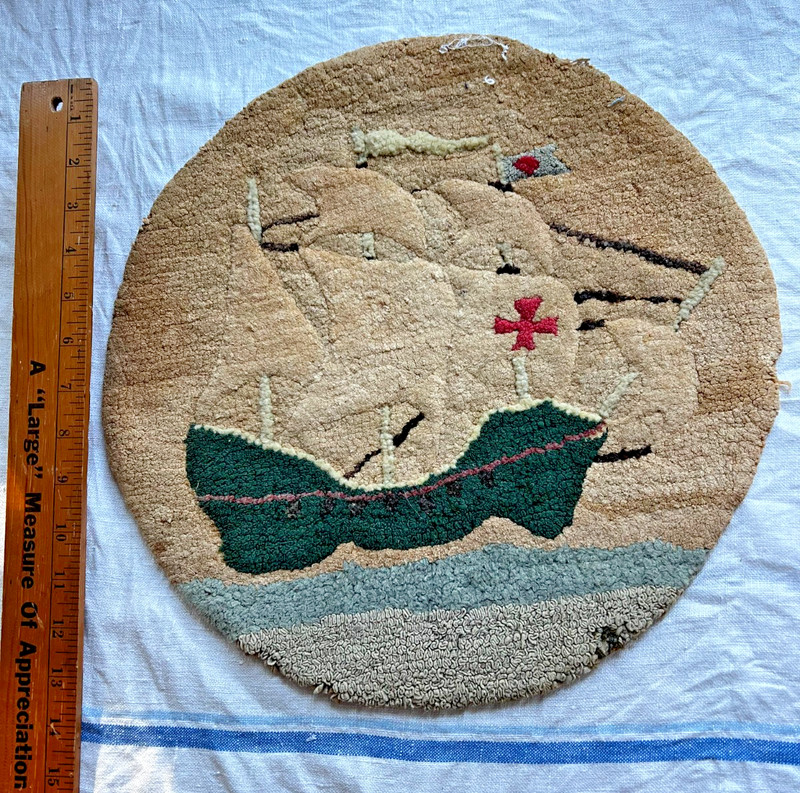 Vintage Hand Hooked Rug Sailing Ship Primitive Cottagecore Wool Accent