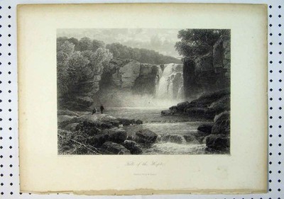 Original alter antiker Druck um 1864 Ansicht Fälle Hespte Wasserfall Klippen Bäume 19.