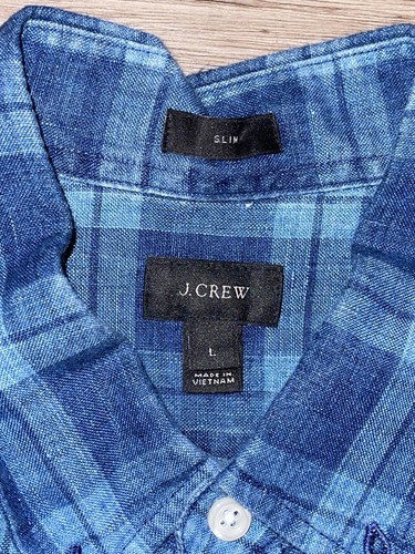 J.Crew Shirt Mens Large Blue Plaid Slim Baird McNutt Irish Linen Long Sleeve - Picture 2 of 7