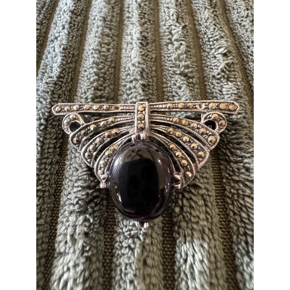 Broche prendedor vintage Art Deco plata 925 ónix negro marcasita declaración Foto 2 de 4
