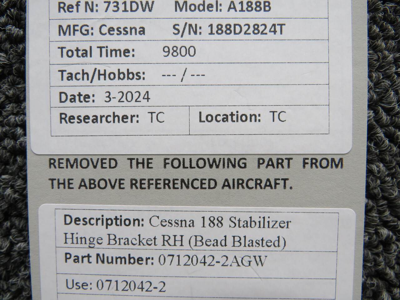 0712042-2AGW Cessna 188 Stabilizer Hinge Bracket RH (Bead Blasted)