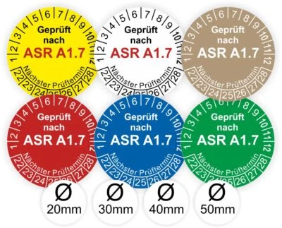 LABELMASTER_DE ASR A1.7 Prüfung UVV Prüfplaketten Nächster Prüftermin Ø20-50mm Kratz-Wasserf.AS