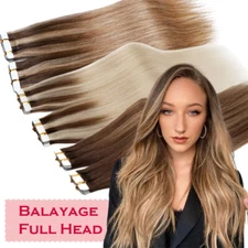THICK 100% Remy Human Hair Tape In Glue Hair Extensions Skin Weft Full Balayage