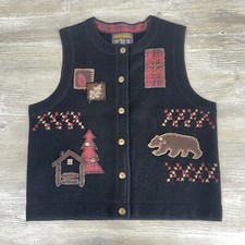 Woolrich Women's S 100 Wool Black Vest Woodland Bear Applique