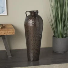 Litton Lane Decorative Vase 28" Tall Floor Metal Hammered Details Handles Brown